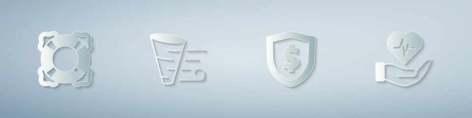 Set Lifebuoy, Tornado, Shield with dollar and insurance in hand. Paper art style. Vector