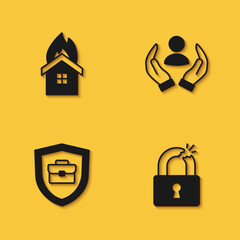 Set Fire in burning house, Broken or cracked lock, Briefcase with shield and Life insurance icon with long shadow. Vector