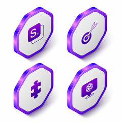 Set Isometric Bingo, Classic dart board and arrow, Puzzle pieces toy and Game dice icon. Purple hexagon button. Vector