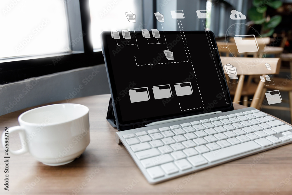 Poster businessman manage files documentation working modern computer document management system transfer f