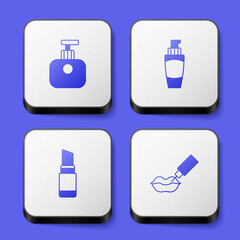 Set Tube of hand cream, Lipstick and augmentation icon. White square button. Vector