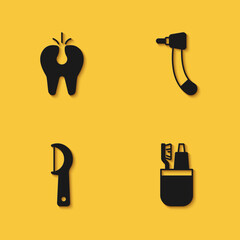 Set Broken tooth, Toothbrush and toothpaste, Dental floss and drill icon with long shadow. Vector