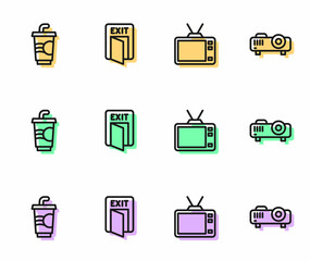 Set line Retro tv, Paper glass with water, Fire exit and Movie, film, media projector icon. Vector