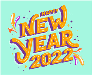 Happy New Year 2022 Design Vector Abstract Holiday Illustration Purple And Yellow With Cyan Background