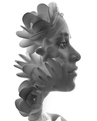 A portrait of a woman combined with 3d flowers in a double exposure technique.