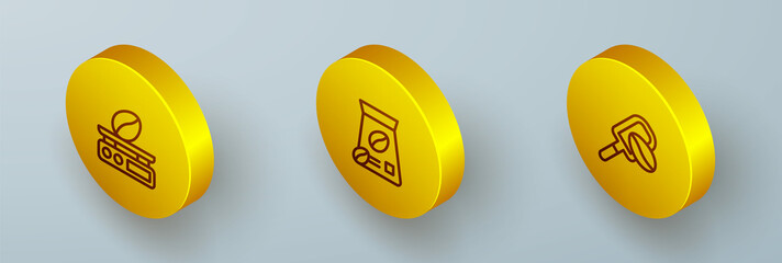 Set Isometric line Electronic coffee scales, Bag beans and Spatula with grain icon. Vector