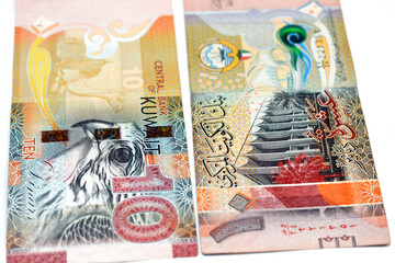 Ten Kuwaiti dinars bill banknote 10 KWD features The National Assembly of Kuwait, sambuk dhow ship, Falcon and camel dressed in a sadu saddle, Kuwaiti dinar is the currency of State of Kuwait isolated - obrazy, fototapety, plakaty