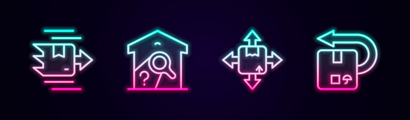 Set line Carton cardboard box, Warehouse check, and Return. Glowing neon icon. Vector