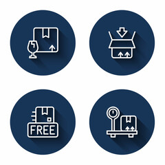 Set line Package box with fragile content, Carton cardboard, Cardboard free symbol and Scale with long shadow. Blue circle button. Vector
