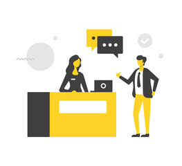 Reception. Flat vector illustration. Woman receptionist at the front desk with laptop and man talking. Check-in, registration desk, travel, checkout, business meeting. Modern concepts. Flat design