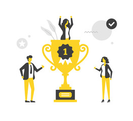 Champion. Trophy cup and business people. Flat vector illustration. Award, prize, medal, first place, success. Modern concepts. Flat design