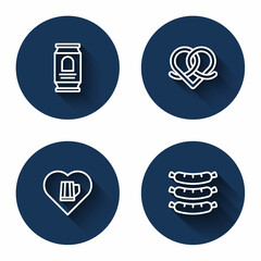 Set line Beer can, Pretzel, Heart with glass of beer and Sausage with long shadow. Blue circle button. Vector