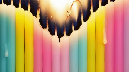 Close-up row of colorful birthday candles burning in timelapse on black. Rainbow background, multicolored melting wax burning candle shot in time-lapse. Happy Birthday, family holidays celebration