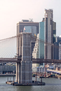 New York City skyline Manhattan town panoramic view Brooklyn Bridge World Trade Center. Vertical photo.	
