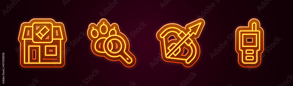 Poster Set line Hunting shop, Paw search, Medieval bow and arrow and Walkie talkie. Glowing neon icon. Vector