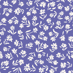 Bloemen met bladeren naadloos herhalingspatroon. Willekeurig geplaatste, vector millefleurs print over het hele oppervlak op een zeer lila achtergrond.