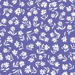 Papier Peint photo Pantone 2022 very peri Fleurs avec motif de répétition sans couture de feuilles. Placés au hasard, vecteur millefleurs imprimé sur toute la surface sur fond très péri lilas.