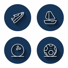 Set line Fitness sneakers shoes, Yacht sailboat, Bowling ball and Soccer football with long shadow. Blue circle button. Vector