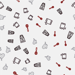 Set line Grater, Packet of pepper, Oven glove and Kitchen whisk on seamless pattern. Vector