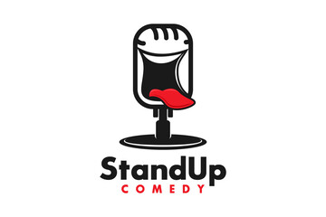 Stand Up Comedy logo design Funny Smiling Microphone Face with bow tie and tuxedo suit - obrazy, fototapety, plakaty