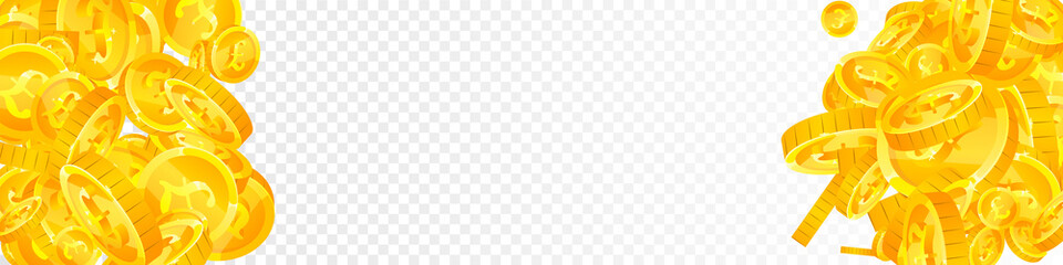 British pound coins falling. Bewitching scattered GBP coins. United Kingdom money. Amazing jackpot, wealth or success concept. Vector illustration.