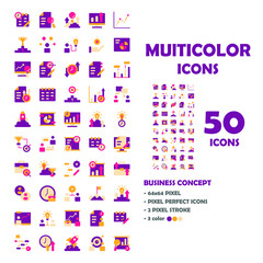 50 Icons set of Business Multicolor icons. Such as paper, calender, light bulb, etc. Signs for infographic, logo, app and website design. 64x64 pixel perfect. Multicolor symbols set.