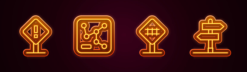 Set line Exclamation mark in square, Railway map, Railroad crossing and Road traffic sign. Glowing neon icon. Vector