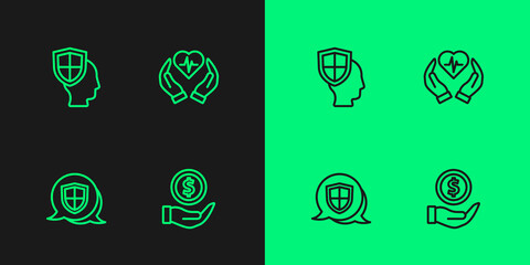 Set line Money with shield, Shield, Life insurance and icon. Vector