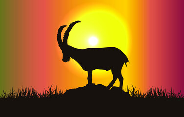 Mountain goat silhouette. Horoscope symbol on gradient harmony of sunset color background illustration for banner, wallpaper, poster, card layout. Vector graphic eps 10.