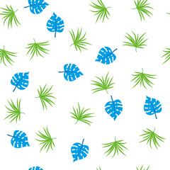 Seamless pattern with blue and green leaves on white background