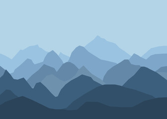 Naklejka premium Landscape with blue misty silhouettes of mountains