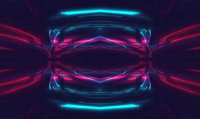 Abstract neon dark futuristic background. Sci-fi space background. Light movement, light tunnel, multicolor speed, portal, fractal. Symmetrical reflection. 3D illustration. 