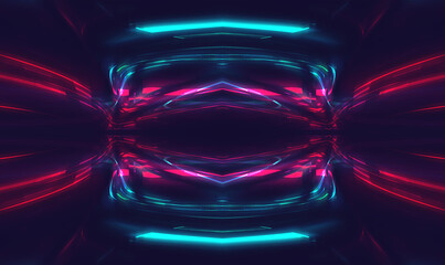 Abstract neon dark futuristic background. Sci-fi space background. Light movement, light tunnel, multicolor speed, portal, fractal. Symmetrical reflection. 3D illustration. 