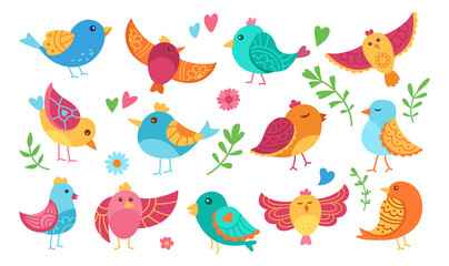 Fototapeta premium Bird with different ornaments cartoon set. Colorful comic birds, different poses, flying. Modern trendy happy character. Hand drawn flat abstract fun sparrow. Drawing vector illustration