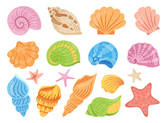 Seashells cartoon hand drawn set. Ocean marine shell, starfish spiral mollusk, conch sink. Tropical travel under water design elements flat colorful collection. Summertime isolated vector illustration