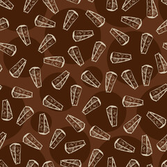 Vector brown parmesan cheese pen sketch scattered seamless pattern with polko dots background. Perfect for fabric, wrapping paper and wallpaper projects.