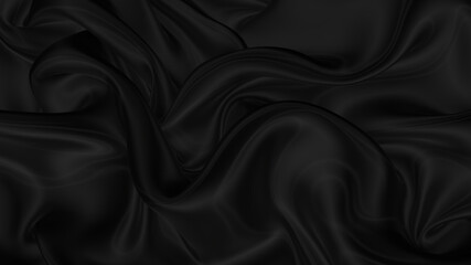 Beautiful flowing fabric of black wavy silk or satin. 3d rendering image.