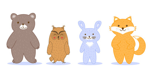 Forest animals set. Bear, fox, owl, hare, bunny, rabbit. Christmas characters with New Year design elements of clothing. Fluffy fur cartoon friends characters for greeting cards and household products