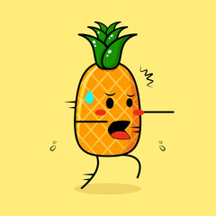 cute pineapple character with afraid expression and run. green and yellow. suitable for emoticon, logo, mascot or sticker