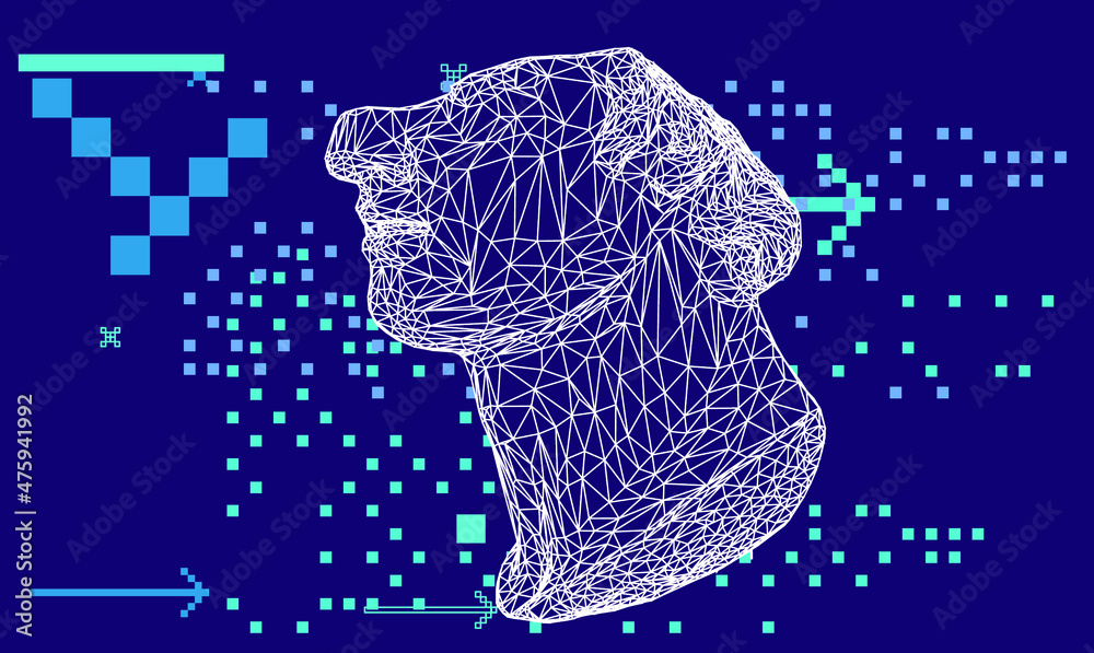 Poster 3d model of a fragmentary colossal head of a youth sculpture in cyberpunk retrowave style. bust made