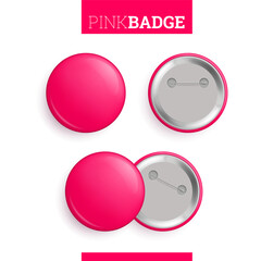 Set of pink round metal blank pin buttons. Front and back side of glossy badge mockup with place for your text realistic vector illustration isolated on white background