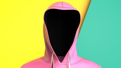 Anonymous hacker with pink color hoodie in shadow under green-yellow background. Dangerous criminal concept image. 3D CG. 3D illustration. 3D high quality rendering.
