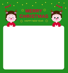 Card frame background with typography meaning 'Merry Christmas' and children's character design with cute Rudolph decorations.