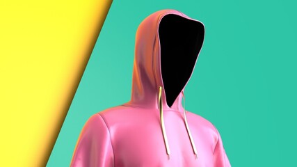 Anonymous hacker with pink color hoodie in shadow under green-yellow background. Dangerous criminal concept image. 3D CG. 3D illustration. 3D high quality rendering.