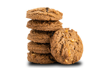 Tower of delicious chocolate chip butter cookies isolated on white background.