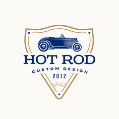 Hot rod car logo template vintage style vector illustration element for badge or label retro design. Classic vehicle silhouette.