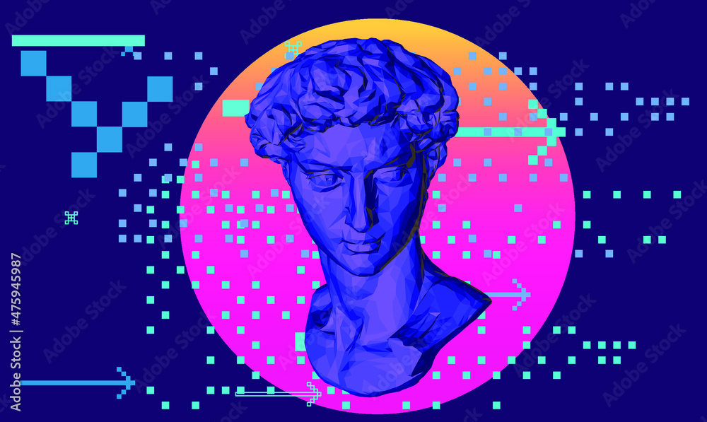 Poster retrofuturistic style 3d illustration of a low poly bust on dark background. vaporwave computer art 