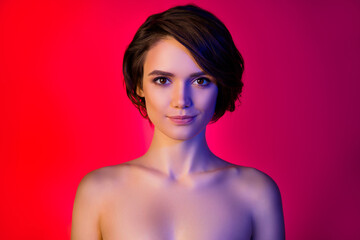 Photo of sweet bob hairdo young lady without clothes isolated on vibrant neon red color background