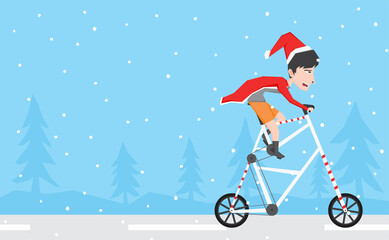 An illustration of a boy with Santa Claus costume riding a tall bike in the snowy road