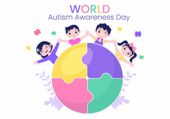Fototapeta na wymiar World Autism Awareness Day with Cute Character Kids and Hand of Puzzle Pieces Suitable for Greeting Card, Poster or Banner in Flat Design Illustration